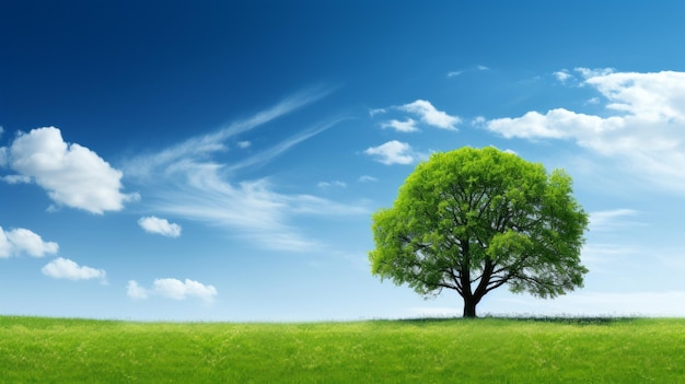 Albero del campo verde e cielo blu ottimi come banner web di sfondo