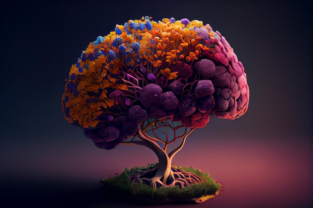 Albero del cervello umano con fiori cura di sé e concetto di salute mentale IA generativa
