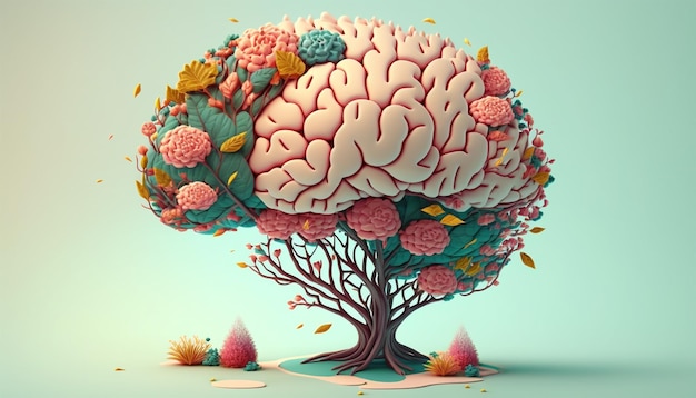 Albero del cervello umano con fiori cura di sé e concetto di salute mentale IA generativa