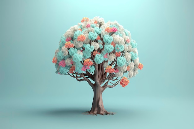 Albero del cervello umano con fiori cura di sé e concetto di salute mentale pensiero positivo mente creativa AI generativa