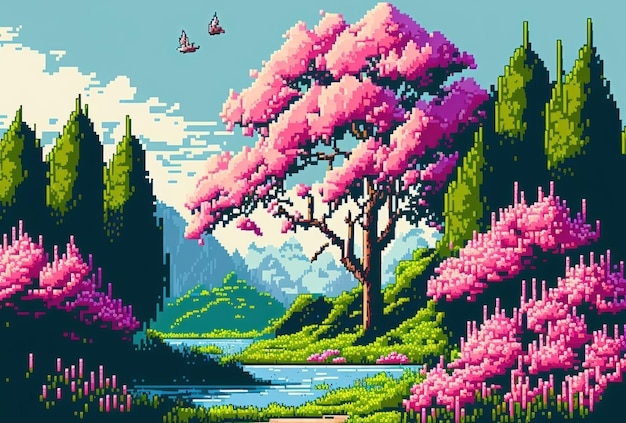 Albero del fiore di ciliegio di stagione primaverile con stile pixel art sfondo bellissimo paesaggio