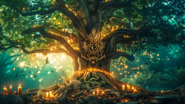 Albero della foresta incantata illuminato da luci mistiche
