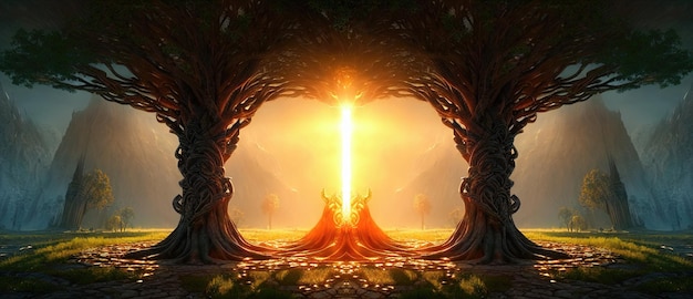Albero della vita centro dell'universo Magico albero divino dell'immortalità in una favolosa foresta celeste Fonte sacra dell'illustrazione 3d della vita del pianeta