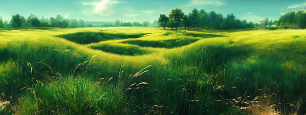 Albero di campo verde e cielo blu ottimi come sfondo per banner web ai generativi