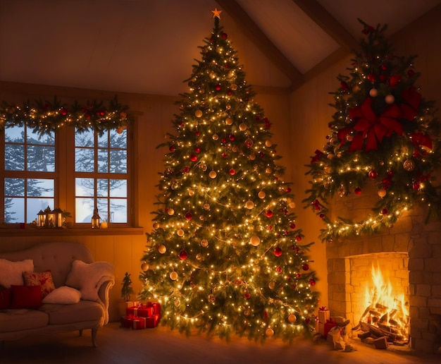 Albero di Capodanno con ornamenti in piedi accanto alla finestra e al caminetto con una dolce giornata invernale