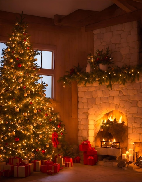 Albero di Capodanno con ornamenti in piedi accanto alla finestra e al caminetto con una dolce giornata invernale