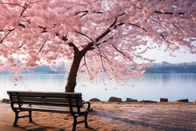 Albero di ciliegio rosa vicino al fiume e una panchina vuota