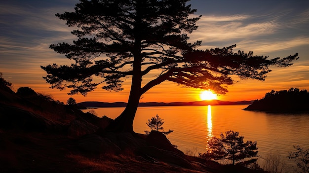 Albero di corbezzolo Wallace Island Gulf Islands British Columbia Canada con sole al tramonto dietro