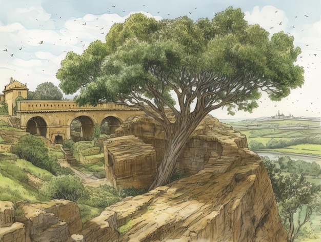 Albero di fascino della campagna francese su una collina vicino a Roma