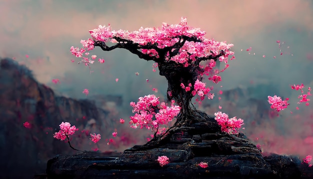 albero di fiori di ciliegio cyberpunk sulla scogliera