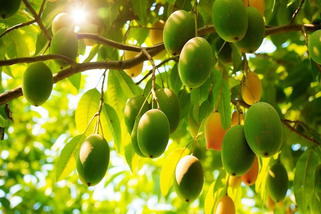 Albero di mango con frutti grappolo di mango verde sull'albero grappolo de mango verde maturo sull'albergo in giardino