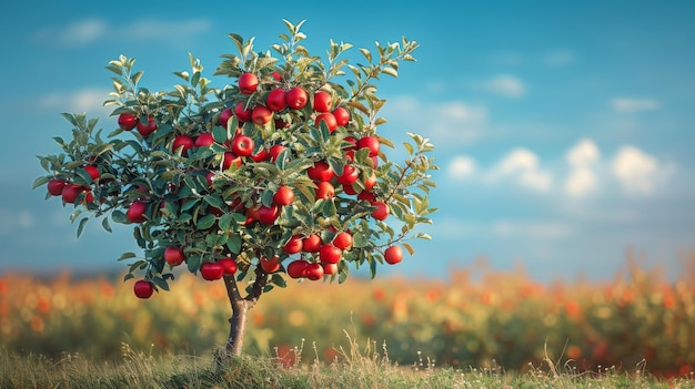 Albero di mele nel campo sotto il cielo blu