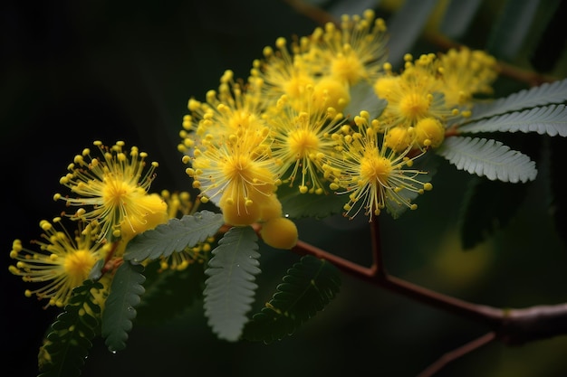 Albero di mimosa con i suoi delicati fiori gialli e fogliame