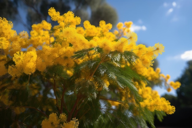 Albero di mimosa in piena fioritura con centinaia di fiori delicati in giallo