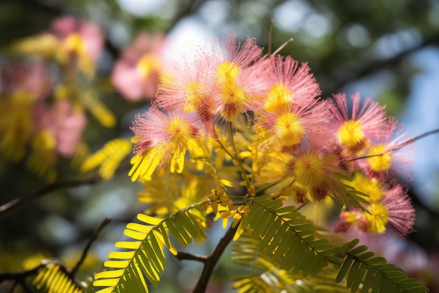 Albero di mimosa in piena fioritura con fiori gialli e rosa