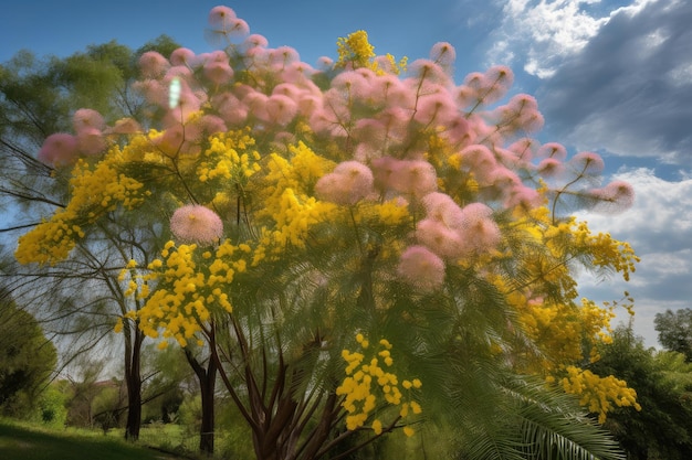 Albero di mimosa in piena fioritura con fiori gialli e rosa