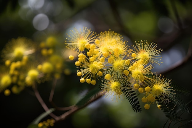 Albero di mimosa in piena fioritura con le sue delicate fioriture e petali gialli visibili