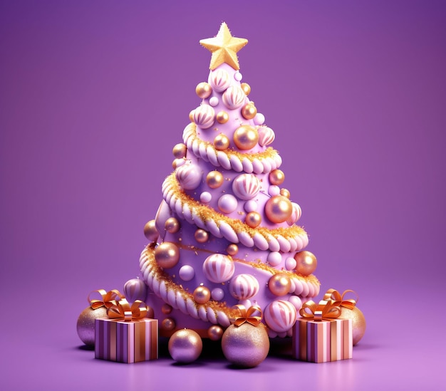 Albero di Natale 3D e carino con confezioni regalo e decorazioni in AI generativa viola e oro