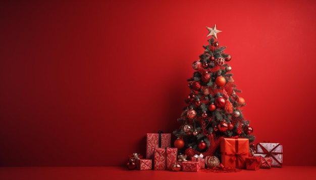 albero di Natale arafed con regali e una stella in cima generativo ai