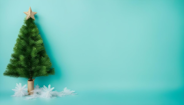 albero di Natale artificiale verde con su sfondo blu Concetto di Natale Cartolina di Natale