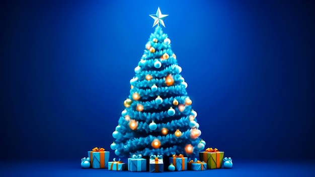 Albero di Natale blu con regali intorno e una stella in cima Generativa AI