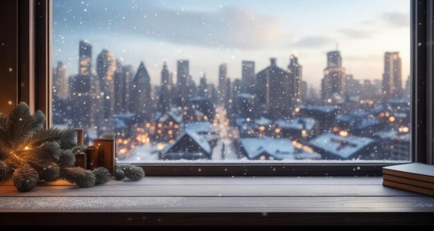 Albero di Natale caldo illuminato con vista su un paesaggio cittadino innevato