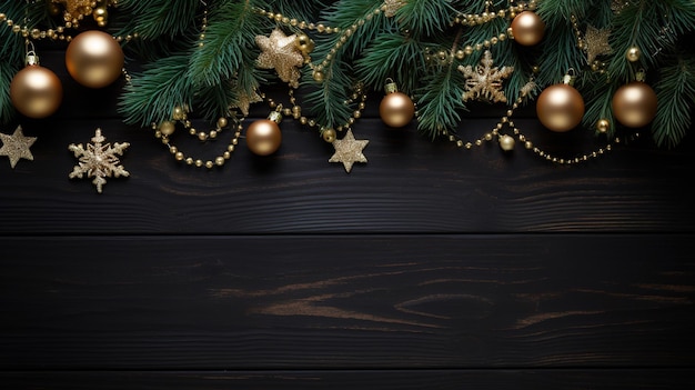 Albero di Natale con alberi di Natale, stelle dorate e perline su uno sfondo di legno scuro