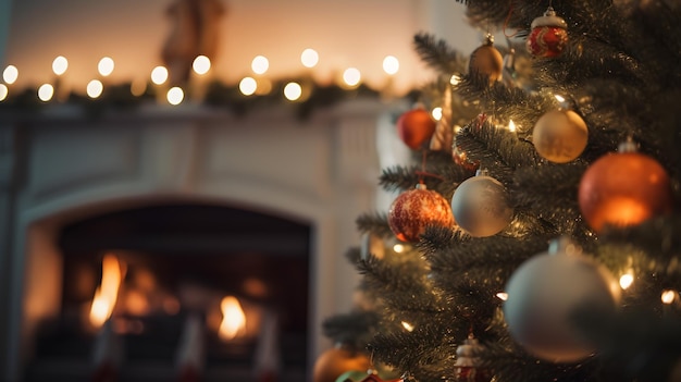 Albero di Natale con candele e decorazioni con camino