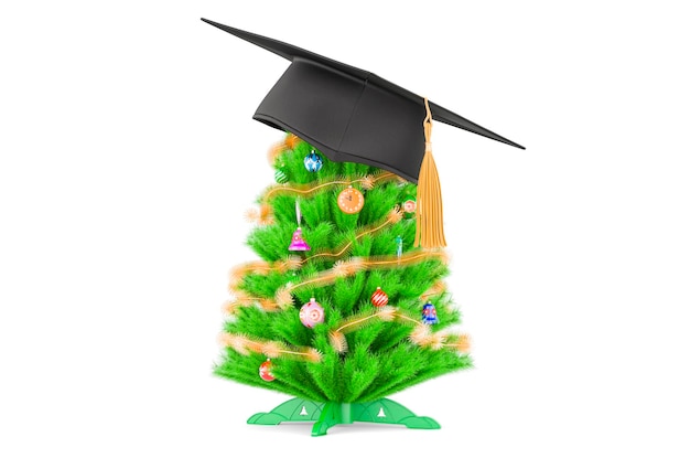 Albero di Natale con cappello di laurea rendering 3D