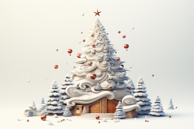 Albero di Natale con casa di pan di zenzero e fiocchi di neve rendering 3D