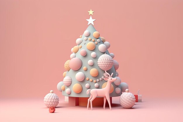 Albero di Natale con cervi e palline di ornamento natalizio 3D su sfondo di colori pastello sfumati Colori di caramelle carine da cartone animato Decorazione natalizia realizzata con forme geometriche frizzanti AI Contenuti generativi