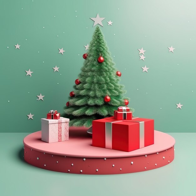 Albero di Natale con confezione regalo su sfondo pastello spazio copia