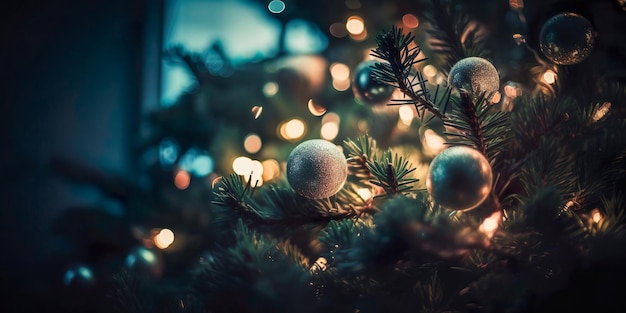 Albero di Natale con decorazione palle rosse e luci In astratto sfondo sfocato Bokeh ghirlande sullo sfondo Nuovo anno concetto Genera ai