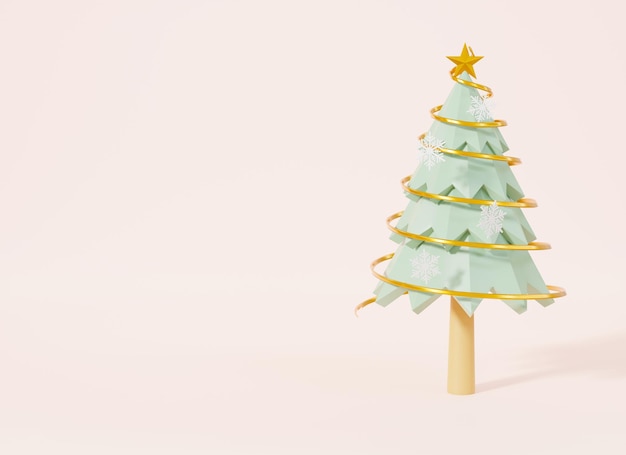 Albero di Natale con decorazioni a nastro pini di cartone animato per biglietto di auguri banner 3D rendering