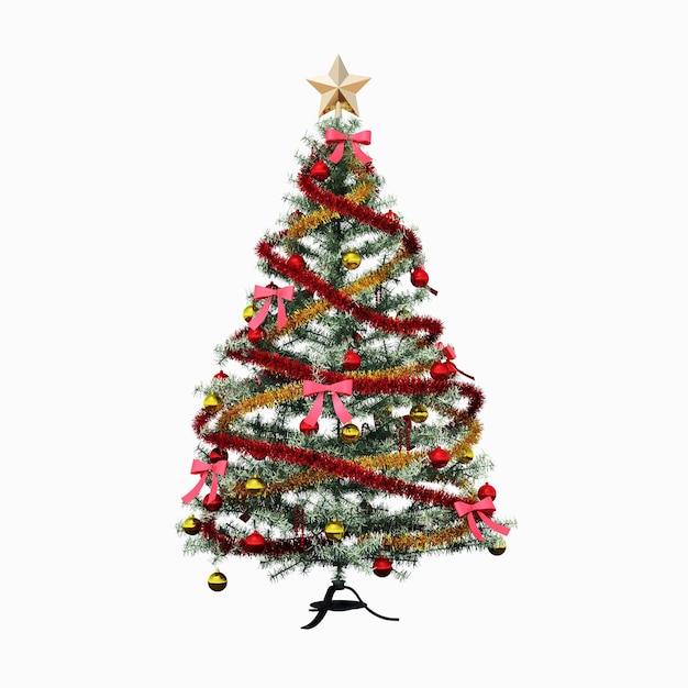 Albero di Natale con decorazioni, isolato su sfondo bianco, illustrazione 3D, rendering cg