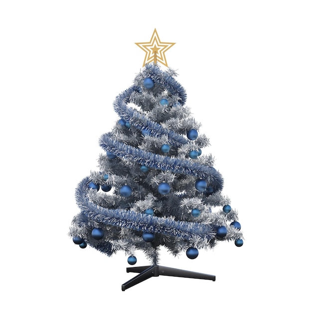 Albero di Natale con decorazioni, isolato su sfondo bianco, illustrazione 3D, rendering cg