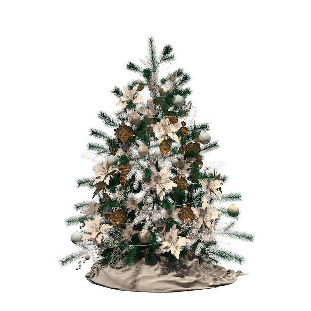 Albero di Natale con decorazioni, isolato su sfondo bianco, illustrazione 3D, rendering cg