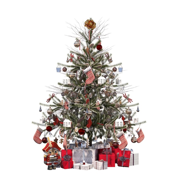 Albero di Natale con decorazioni, isolato su sfondo bianco, illustrazione 3D, rendering cg