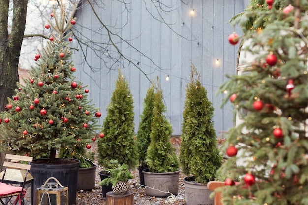 Albero di Natale con decorazioni rosse all'aperto