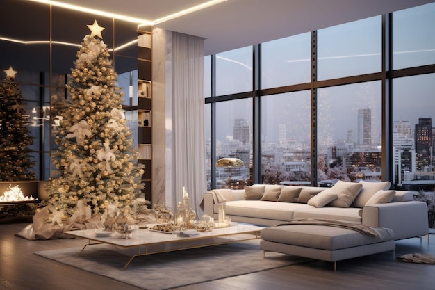 Albero di Natale con decorazioni sotto in un moderno appartamento chic AI generato illustrazione