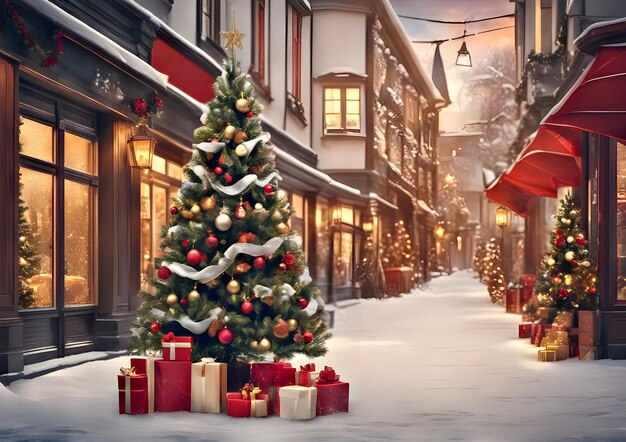 Albero di Natale con decorazioni sulla strada delle vacanze vicino ai negozi con luci e bokeh