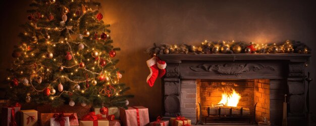 Albero di Natale con decorazioni vicino a un camino sfocato in casa