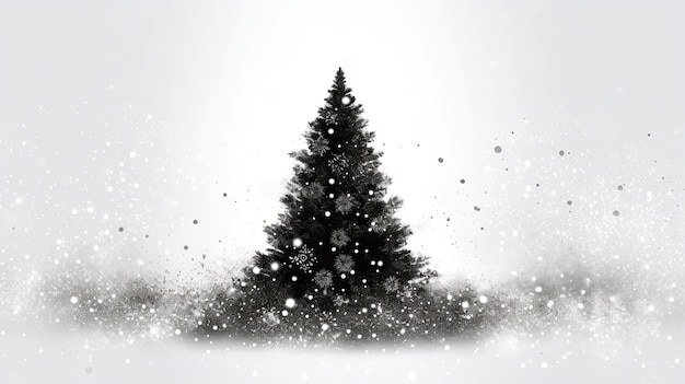 Albero di Natale con fiocchi di neve e neve che cade su sfondo bianco Illustrazione in bianco e nero