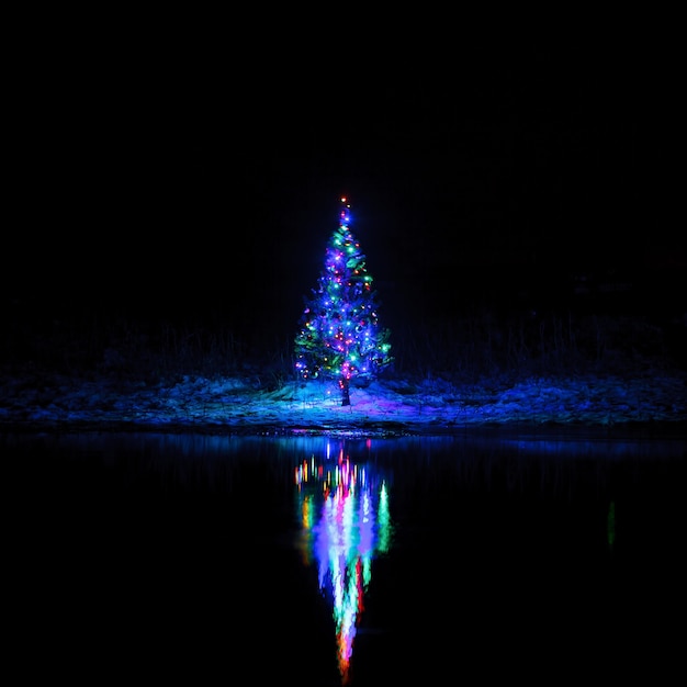 Albero di Natale con ghirlande su una superficie del cielo notturno riflessa nel fiume