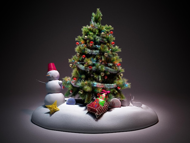 Albero di Natale con giocattoli colorati 3D su sfondo scuro