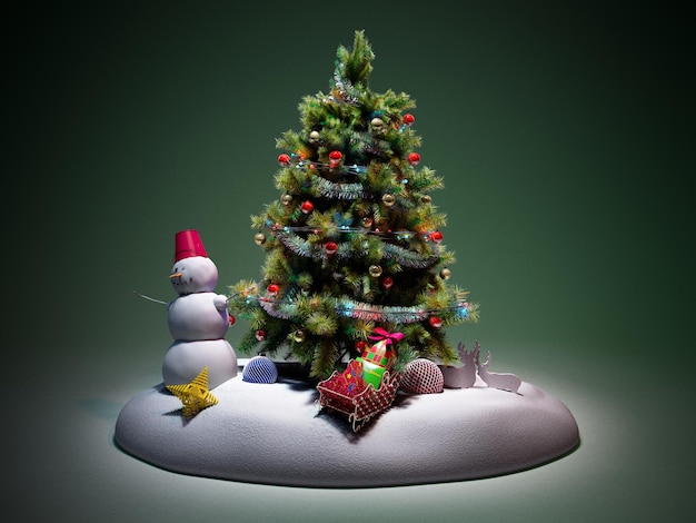Albero di Natale con giocattoli colorati 3D su sfondo verde scuro