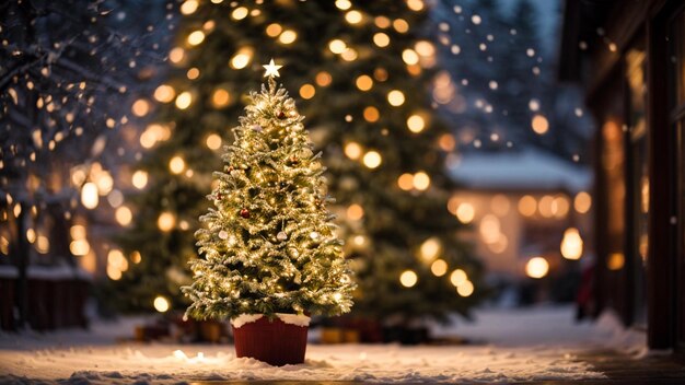 Albero di Natale con illuminazione e sfondo di paesaggio bokeh sfocato dalla neve