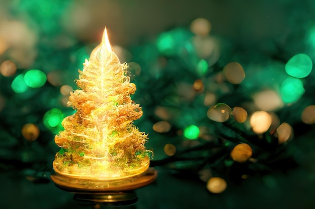 Albero di Natale con immagine a colori dorata e verde con ghirlanda