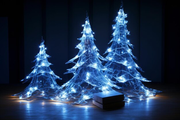 Albero di Natale con luce brillante con particelle che cadono fiocchi di neve e stelle 3D rendering blu sul retro