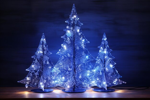 Albero di Natale con luce brillante con particelle che cadono fiocchi di neve e stelle 3D rendering blu sul retro